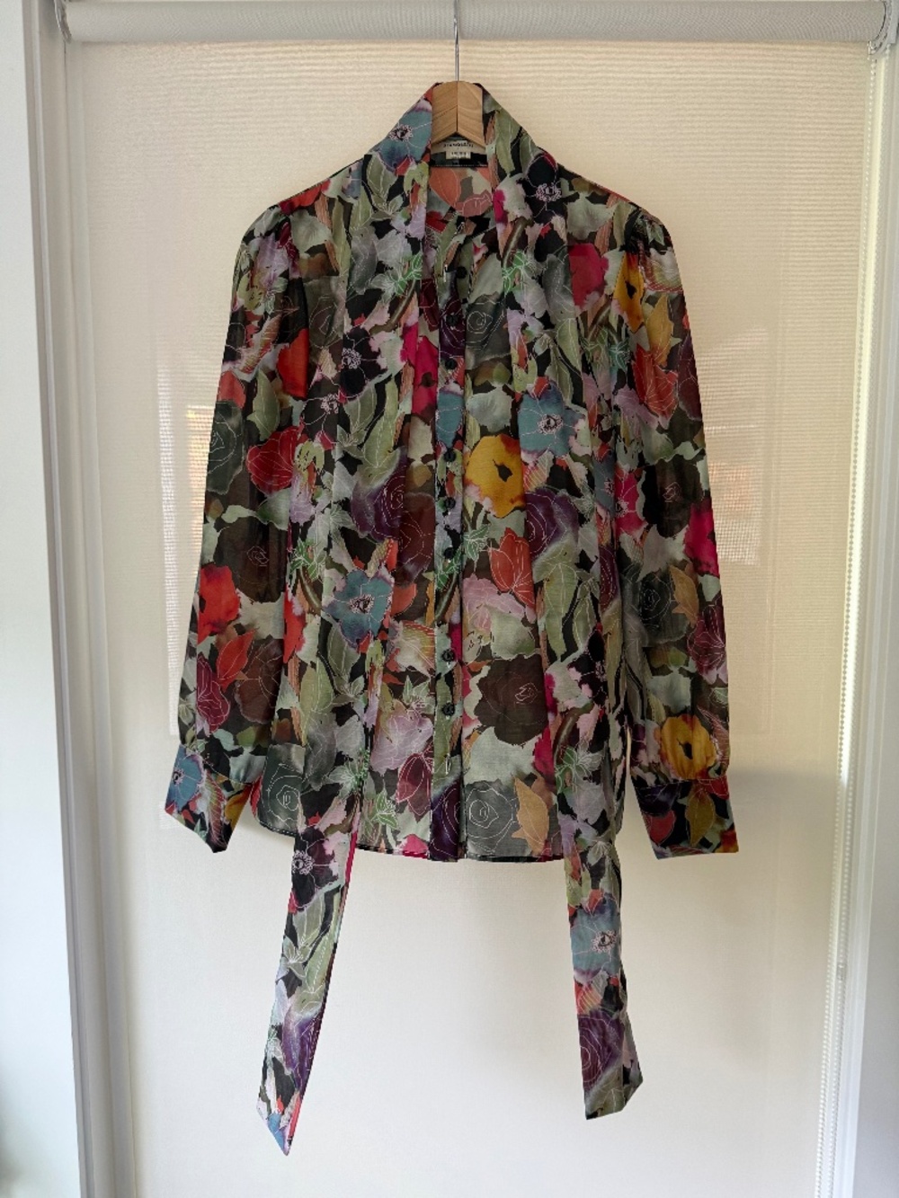 Floral Sheer Watercolor Print Long Sleeve Tie Neck Blouse | Medium